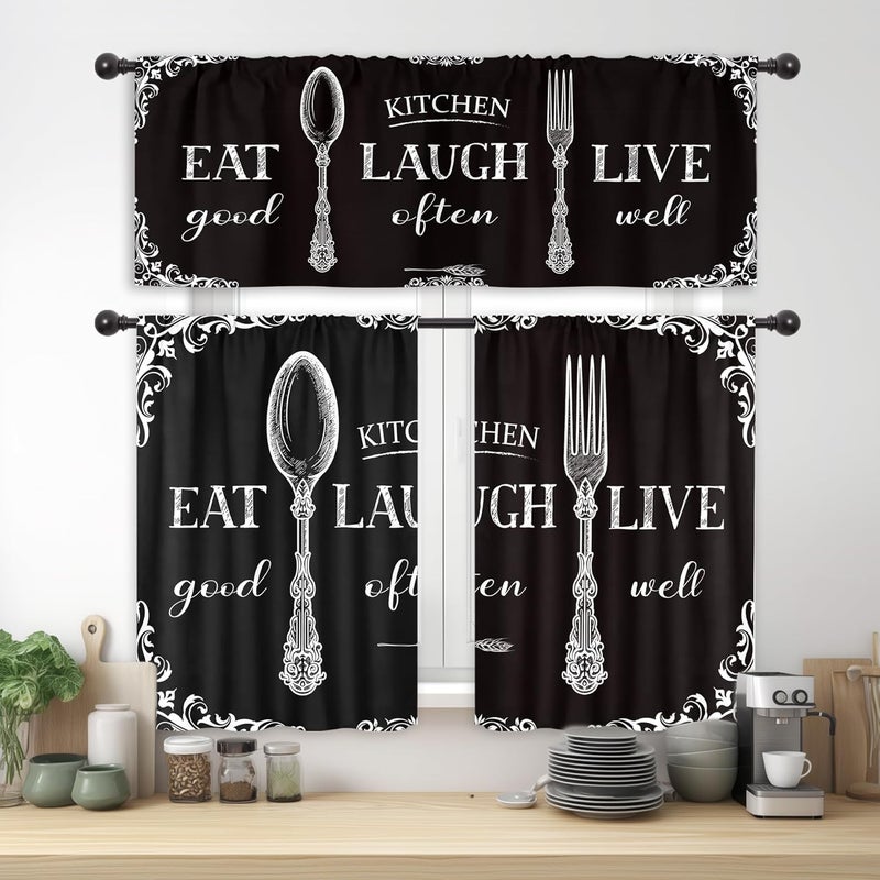 Riyidecor Black White Vintage Kitchen Curtains and Valances 3 Piece Set Rod Pocket 36 Inch Short Farmhouse Eat Good Laugh Often Live Well Funny Quotes Simple Bedroom Living Room Treatment Fabric - Image 1